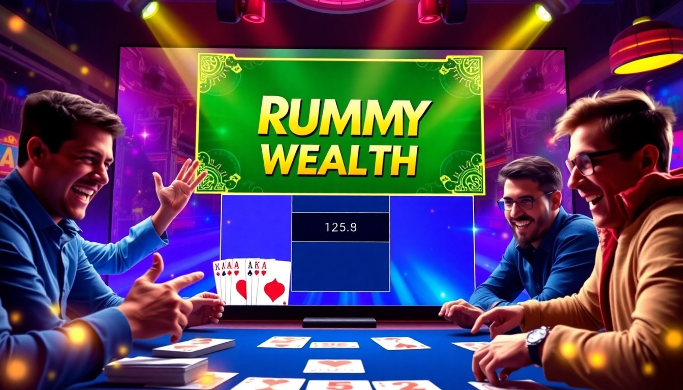 Experience rummy wealth through an engaging card game scene showcasing players and vibrant digital elements.