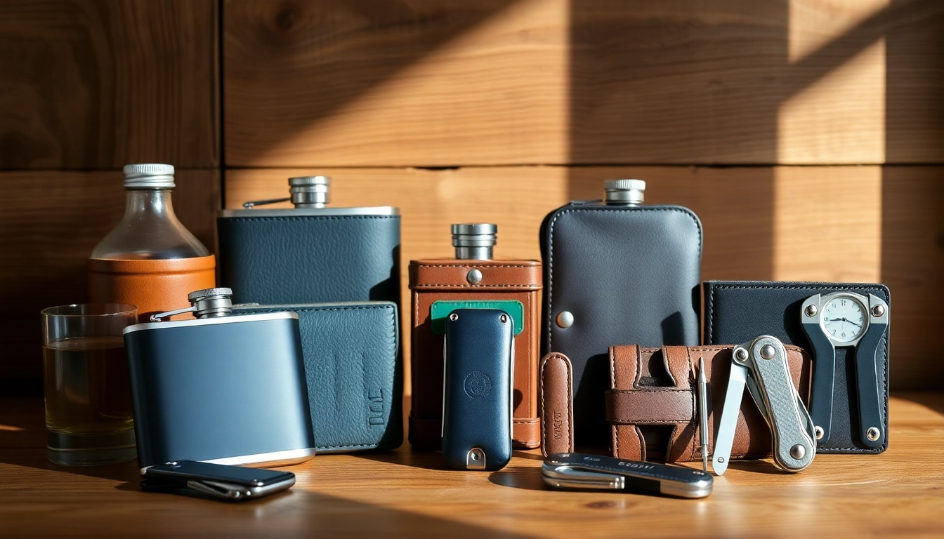 Showcase of affordable cheap groomsmen gifts including personalized flasks and wallets arranged aesthetically.