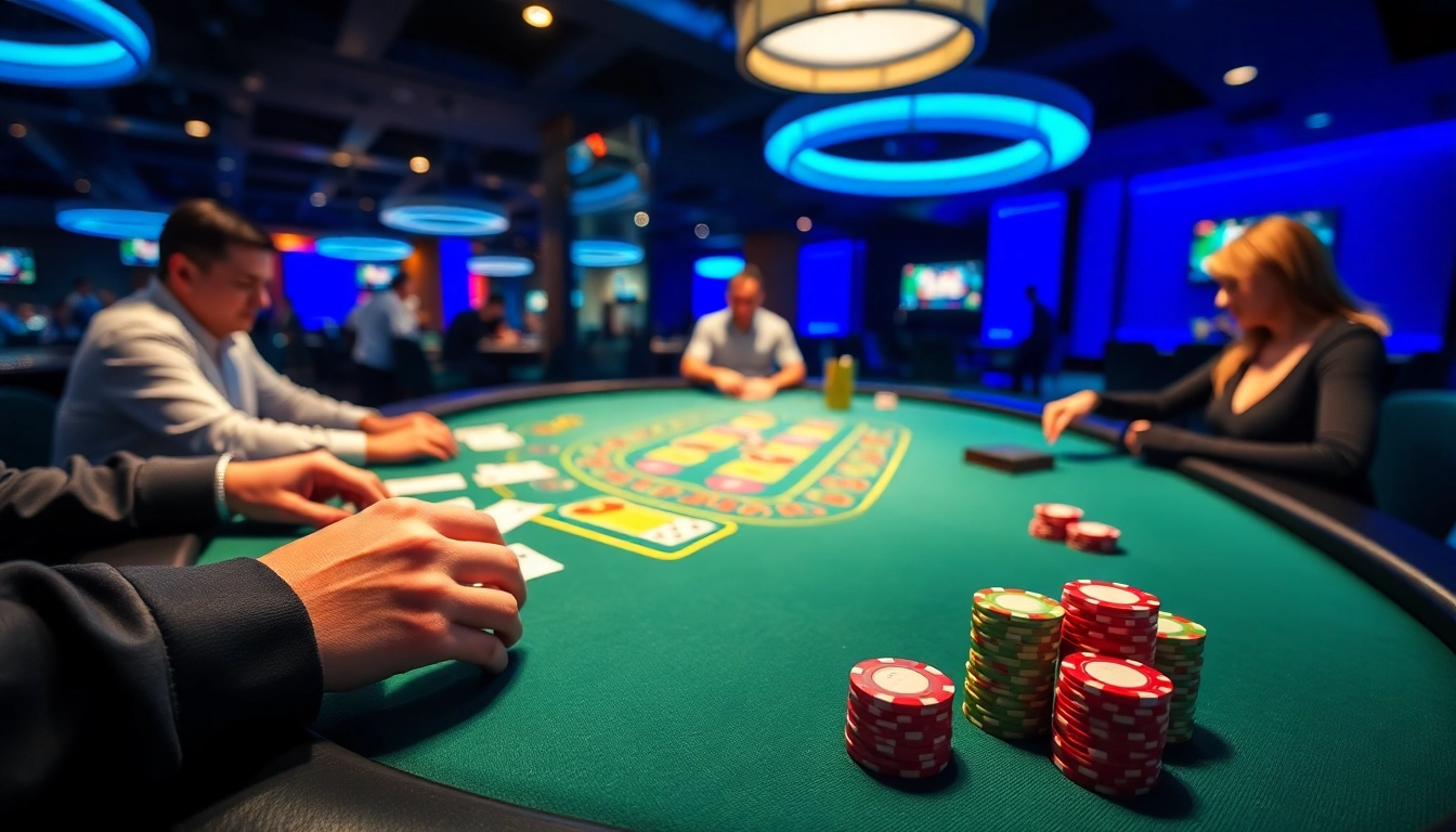 Earn money Casino with engaging players at a blackjack table surrounded by vibrant lights and colorful chips.