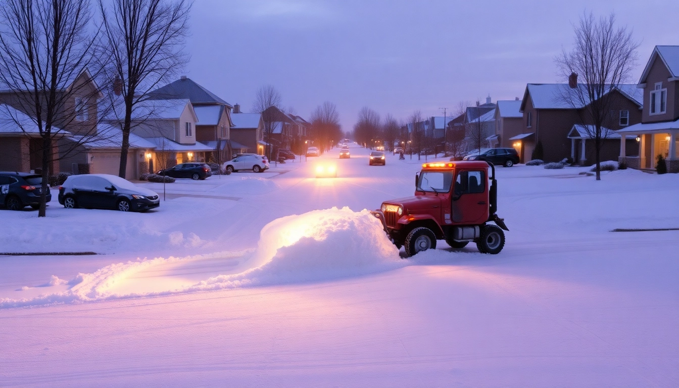 Snow plowing service efficiently clearing the road, creating a safe travel path in winter.