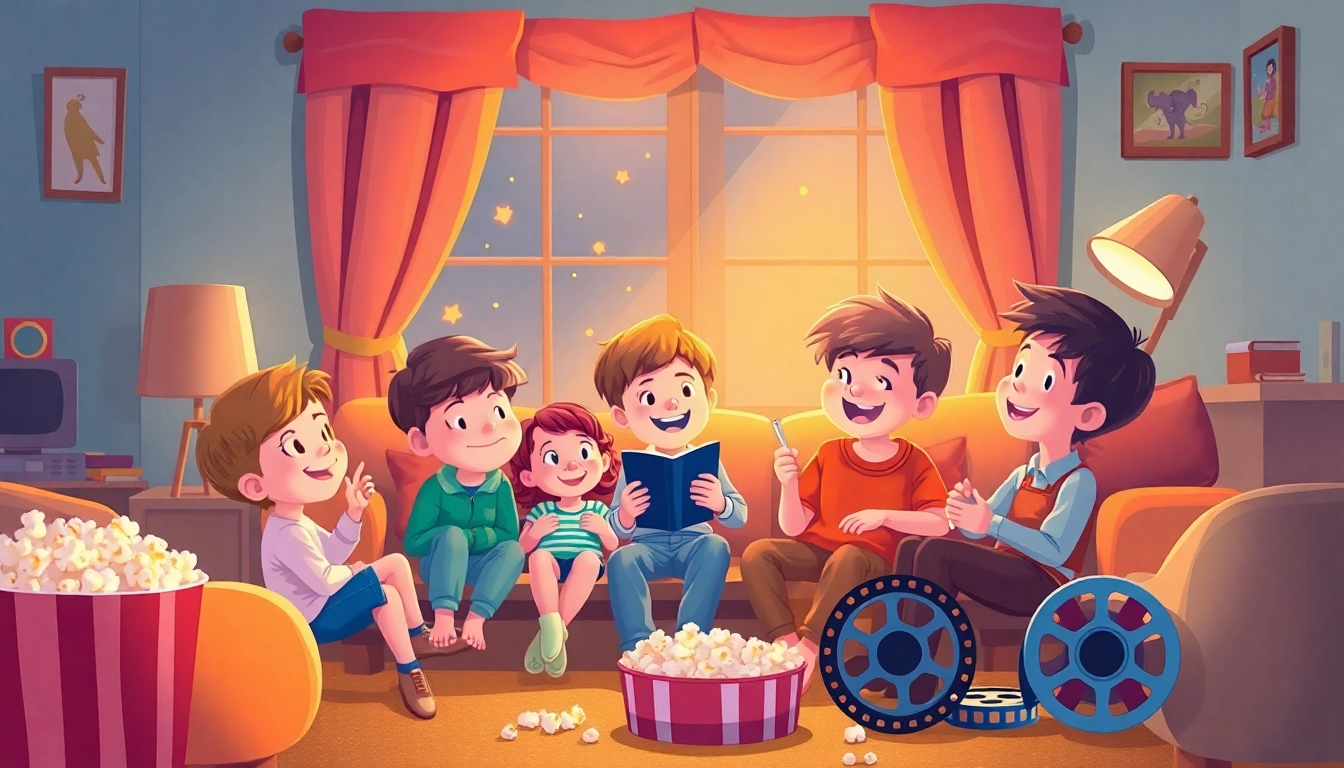 Watch kids enjoy public domain movies for kids in a cozy living room setting.