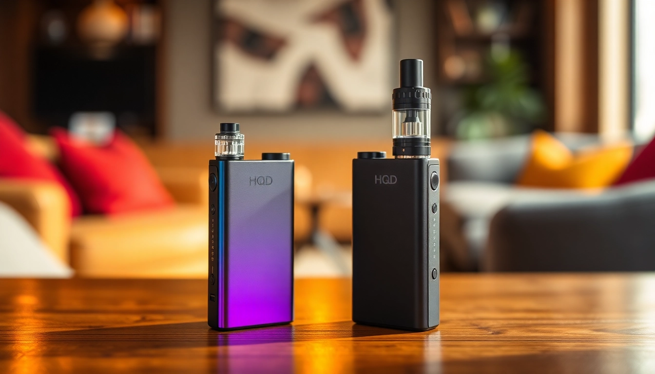 Shop HQD Surv kaufen - Compact vape showcasing various color options on a wooden table.