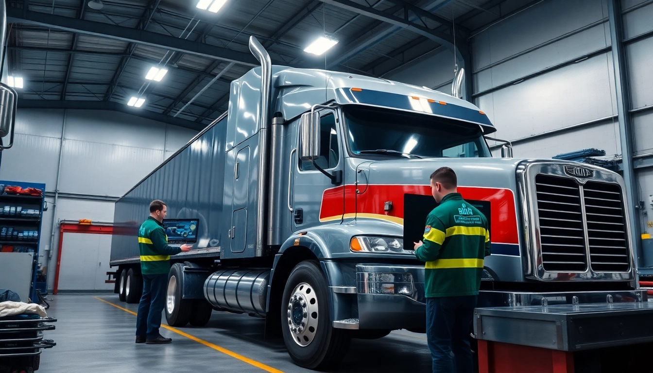 Performing comprehensive truck diagnostic and repair services in a professional workshop setting.