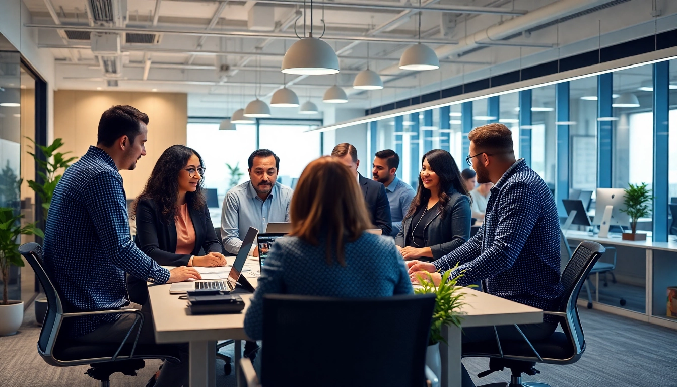 Professionals discussing outsourcing strategies in a modern office setting with technology focus.