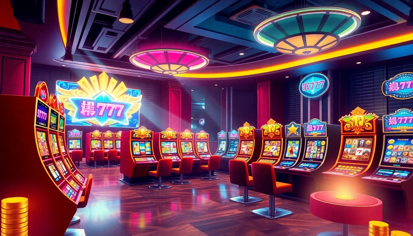 Spin สล็อต777 slot machines in a luxurious online casino environment, featuring vibrant colors and lively gameplay.