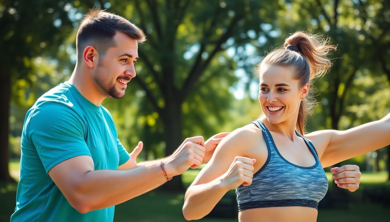 Effective Personal Trainer encouraging a client during an outdoor workout session in a sunny park.