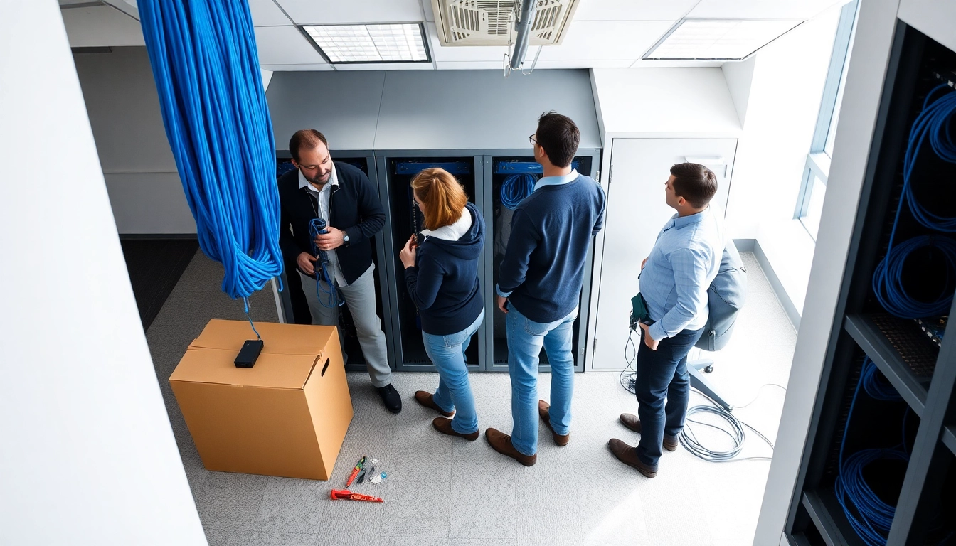 Professional technicians conducting Data Cable Installation service in a modern office.