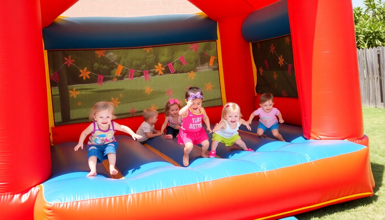 Bounce house rental near me, children enjoying a colorful inflatable at a birthday party outside.