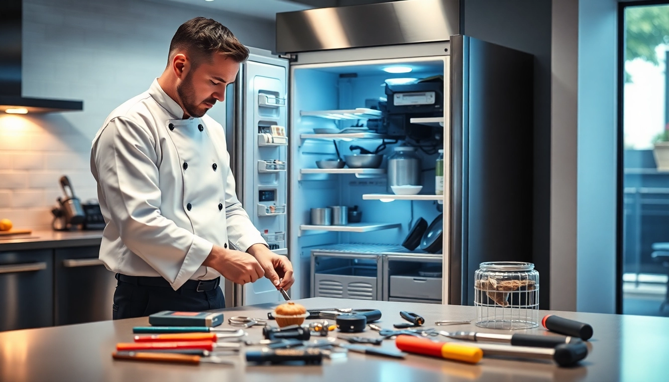 Chef base repair in action with a professional working on a refrigerated unit