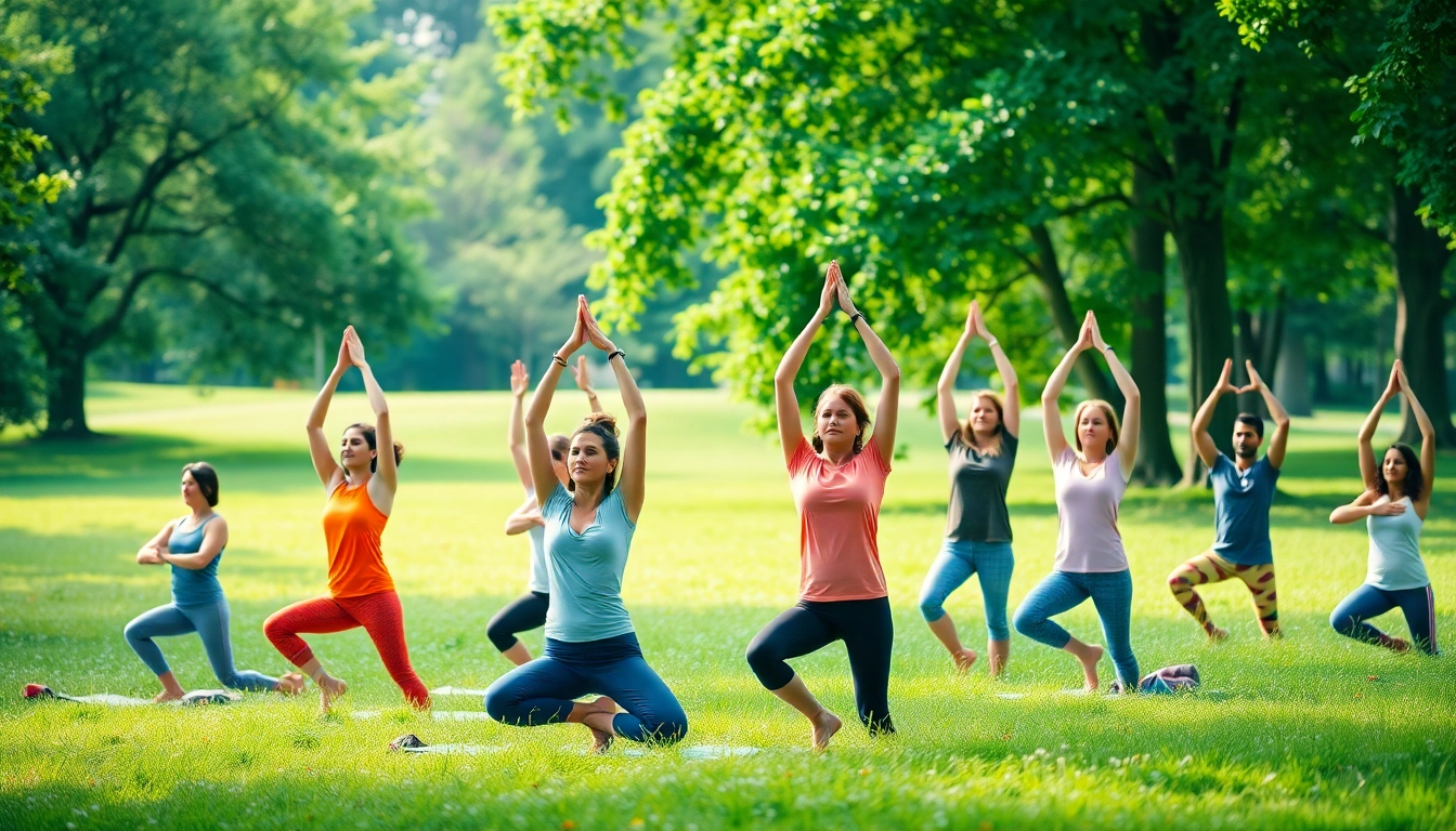 Practicing yoga for health in a peaceful park setting, showcasing diversity and wellness.