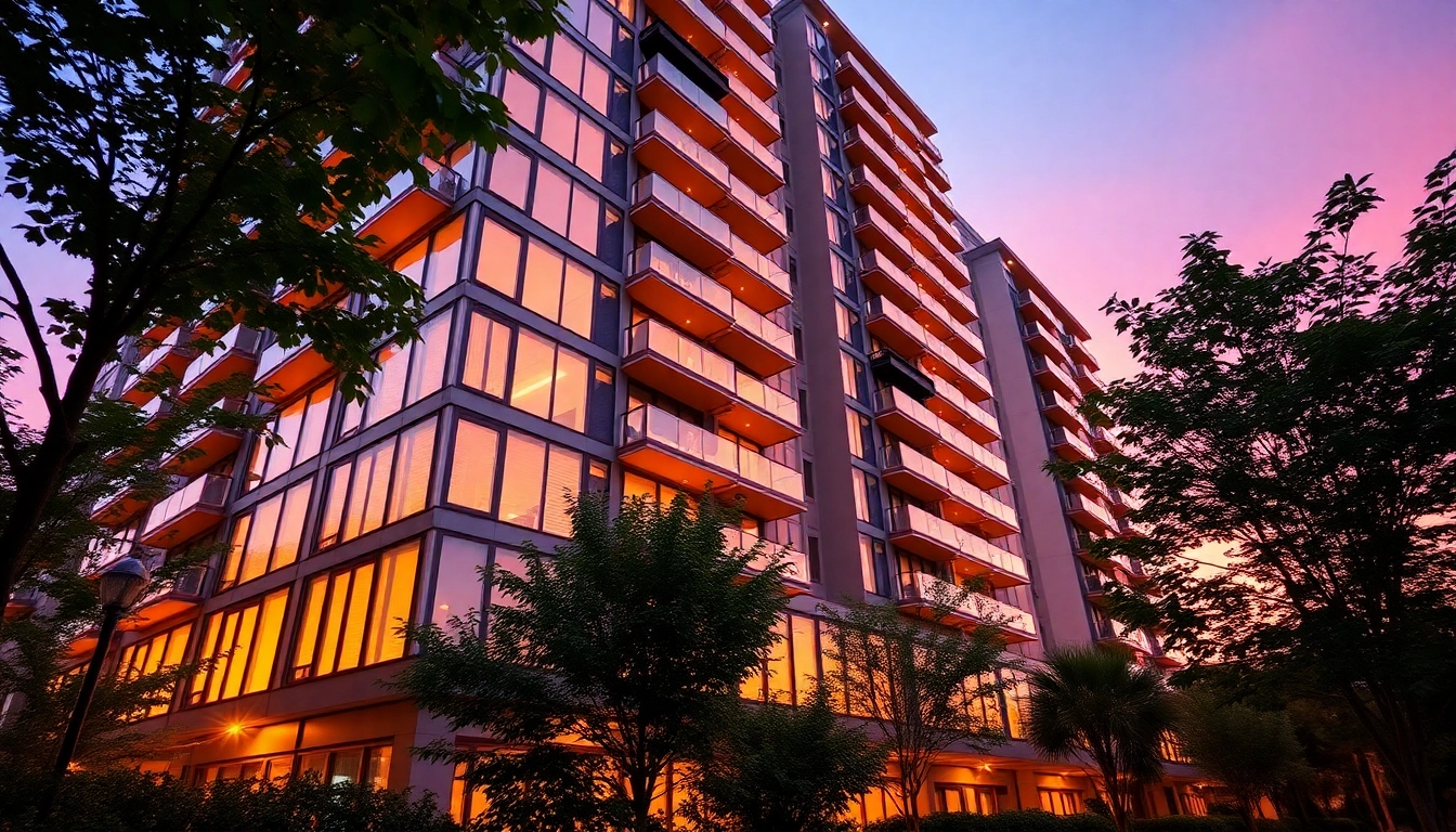 View of a stylish margaret drive condo surrounded by greenery, showcasing its elegant design during sunset.