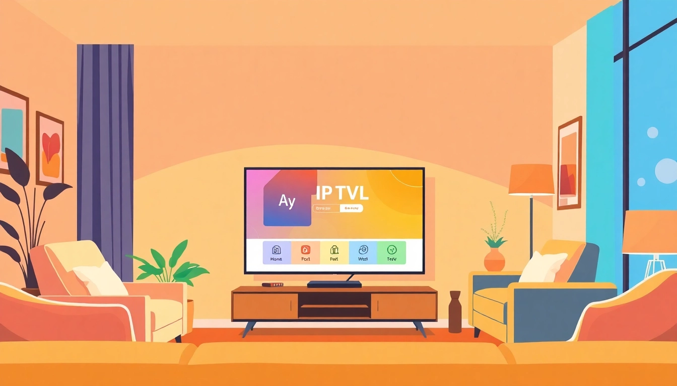 Experience the best IPTV trial with a living room setup featuring a vibrant smart TV display.