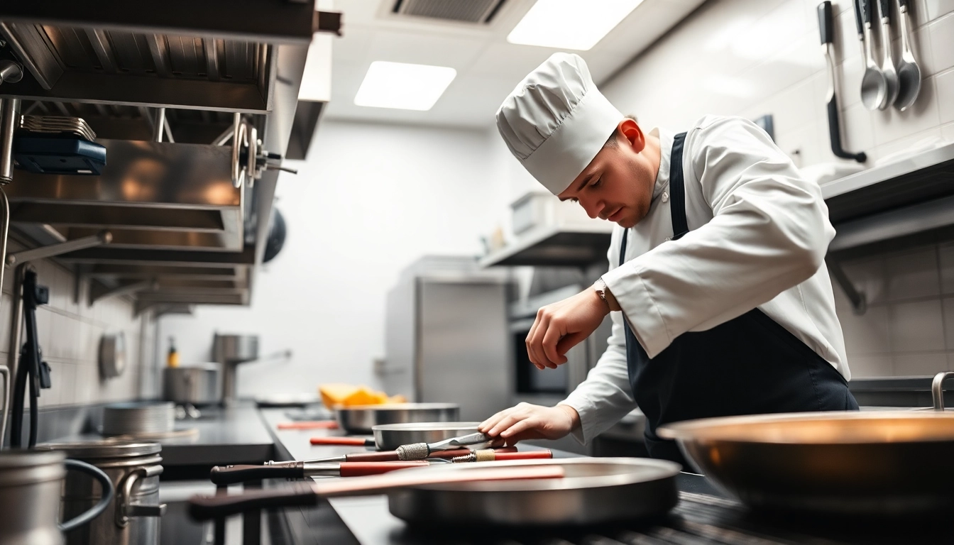 Technician performing a chef base repair with tools and replacement parts in a bright kitchen setting.