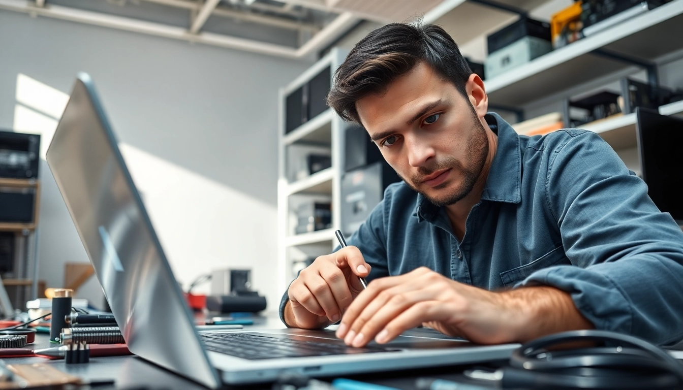 Riparazione computer settimo torinese con tecnico al lavoro su laptop in un ambiente moderno.