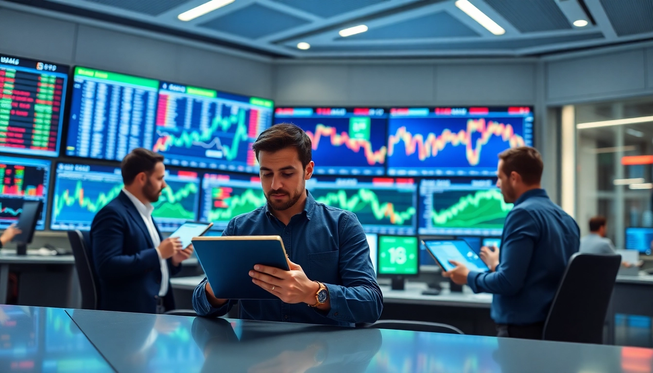 Analyze trade futures data at a modern trading desk with multiple screens and focused traders.
