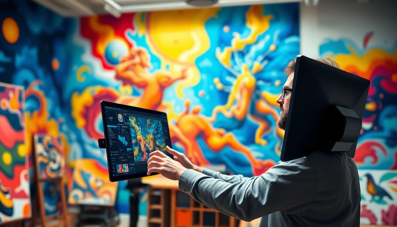 Create stunning visuals with an AI image generator Australia in a vibrant art studio.