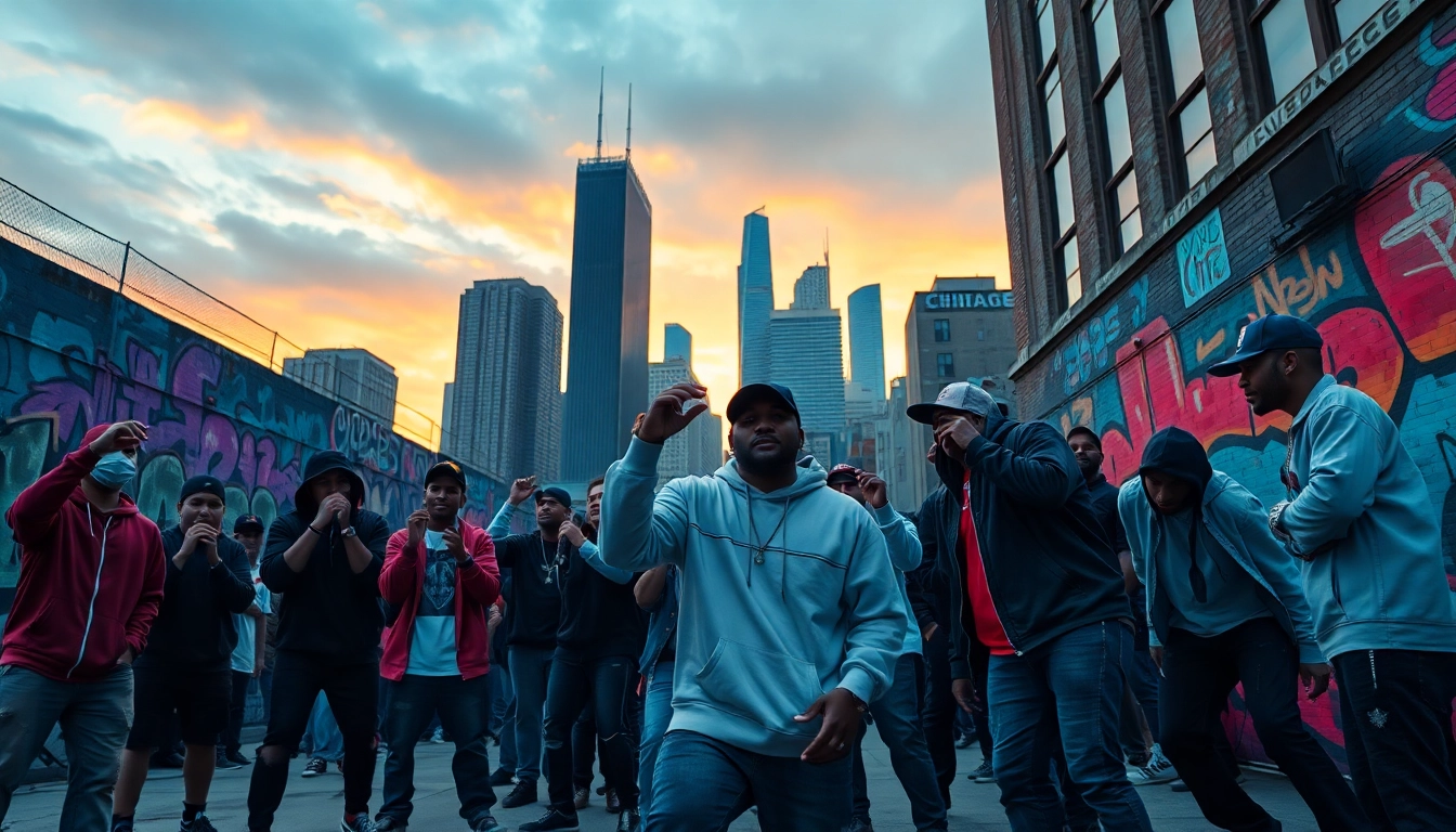 Engage with the vibrant rap culture in Chicago through an energetic street scene filled with artists.