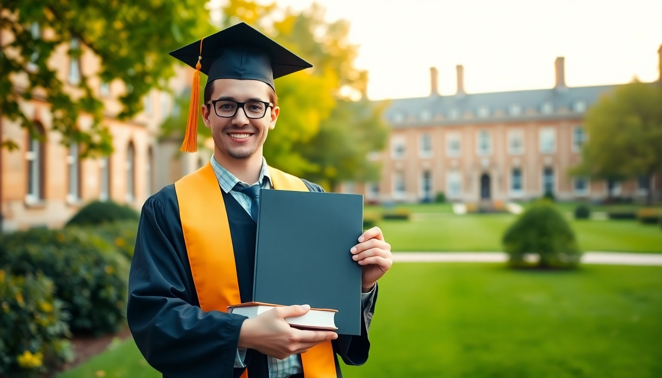 Holding an original UK degree, a proud graduate stands on a scenic university campus.