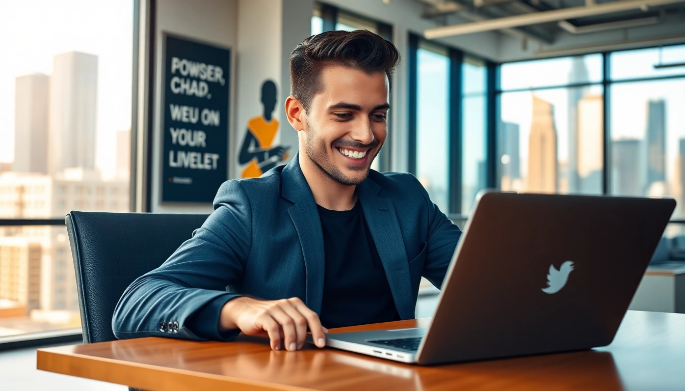 Engaged professional portraying based chad twitter dynamics at a modern office.