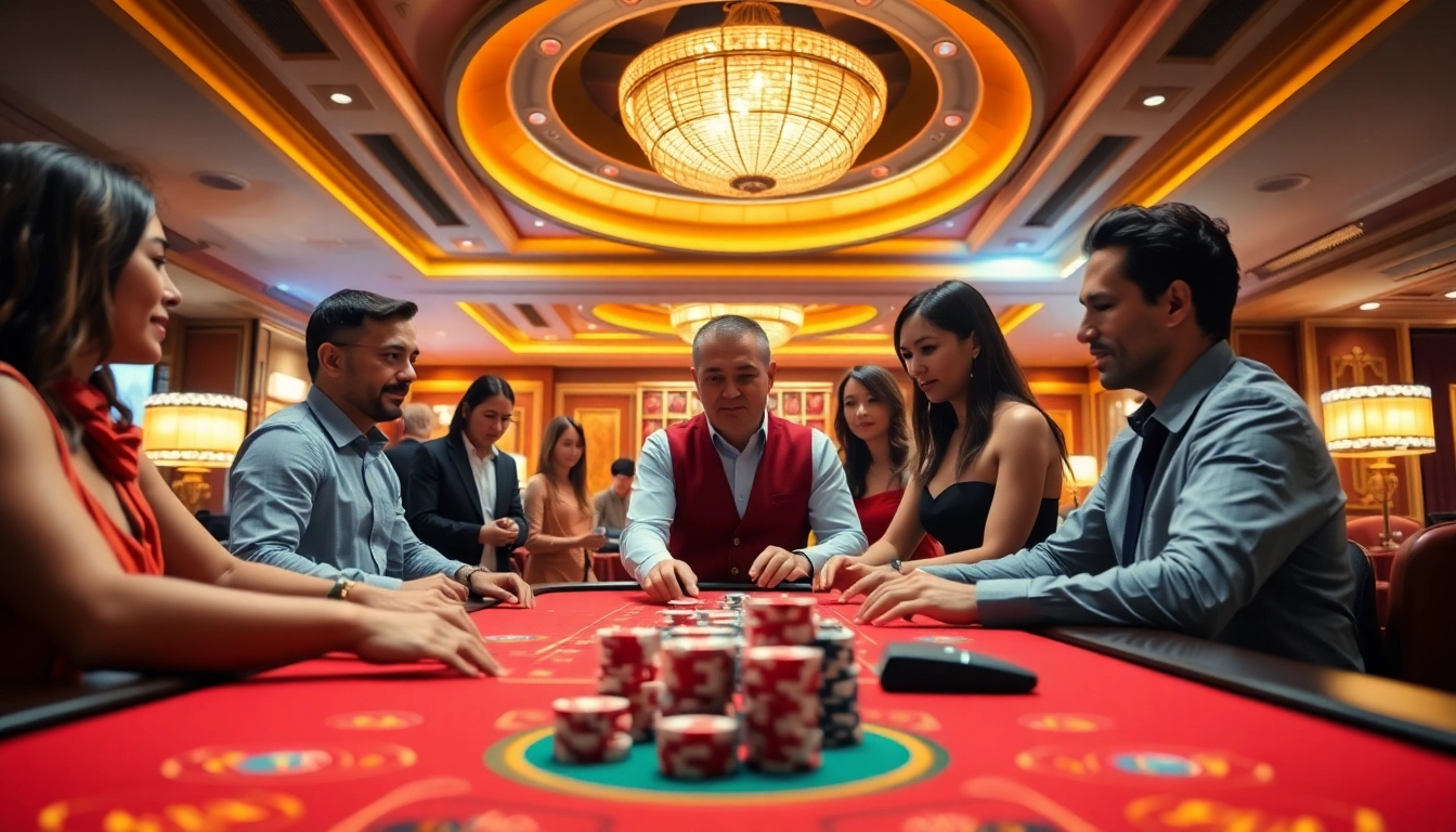 Exciting atmosphere at a live casino in Singapore with players and a dealer engaging at the table.