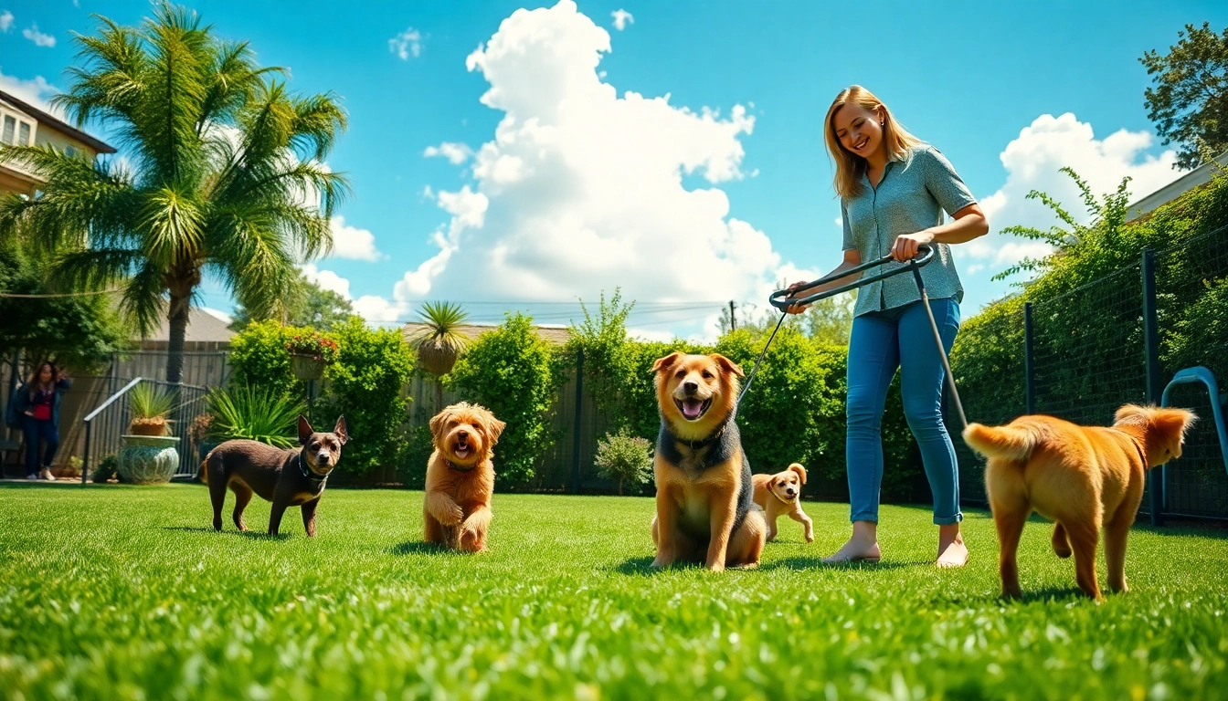 Engaging affordable pooper scooper service San Antonio demonstrated by a professional dog walker in a sunny backyard.