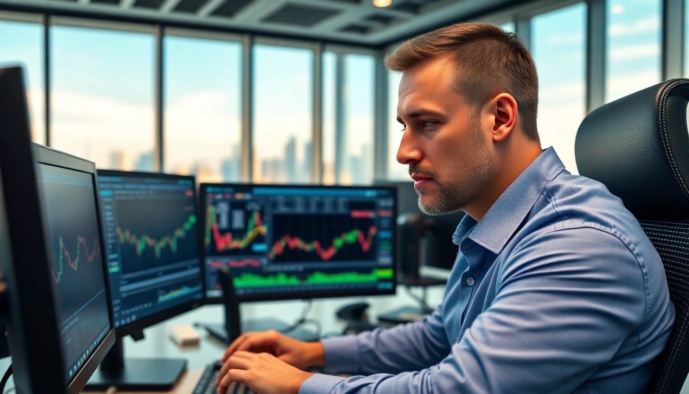 Trader analyzing market data for trade futures on multiple screens in a modern office.