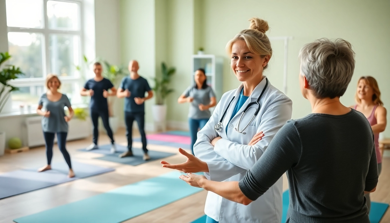 Health professional guides patients experiencing exercise intolerance through tailored workouts in a supportive clinic.