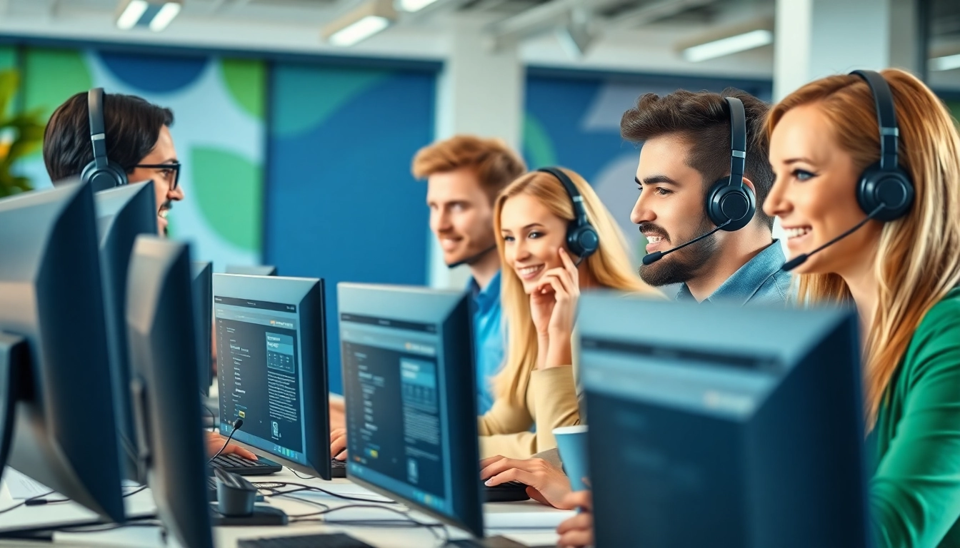 Showcasing Call Center Solutions team collaborating effectively in a modern office environment.