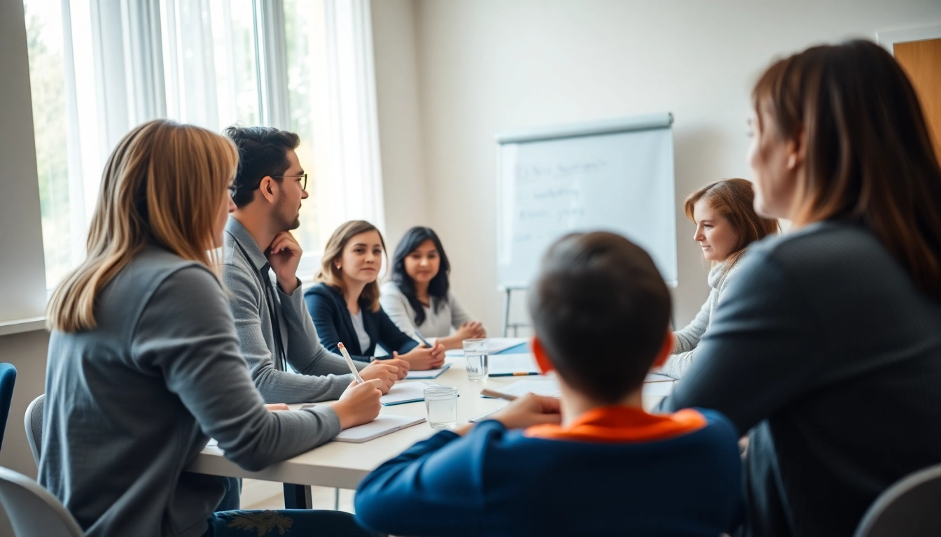 Engaged group discussing level 5 diploma in leadership and management for residential childcare answers during a training session.
