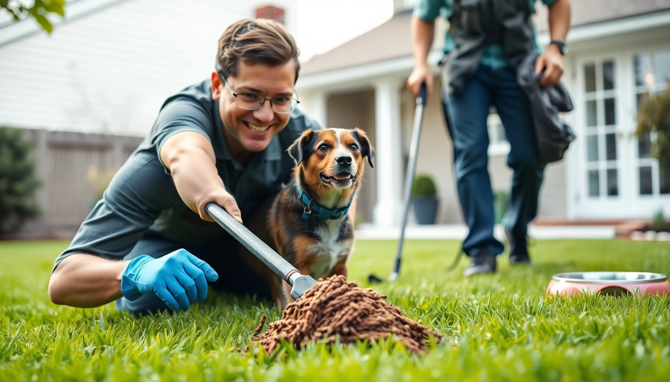 Efficient dog poop cleaning service being rendered in a residential yard to ensure cleanliness and hygiene.