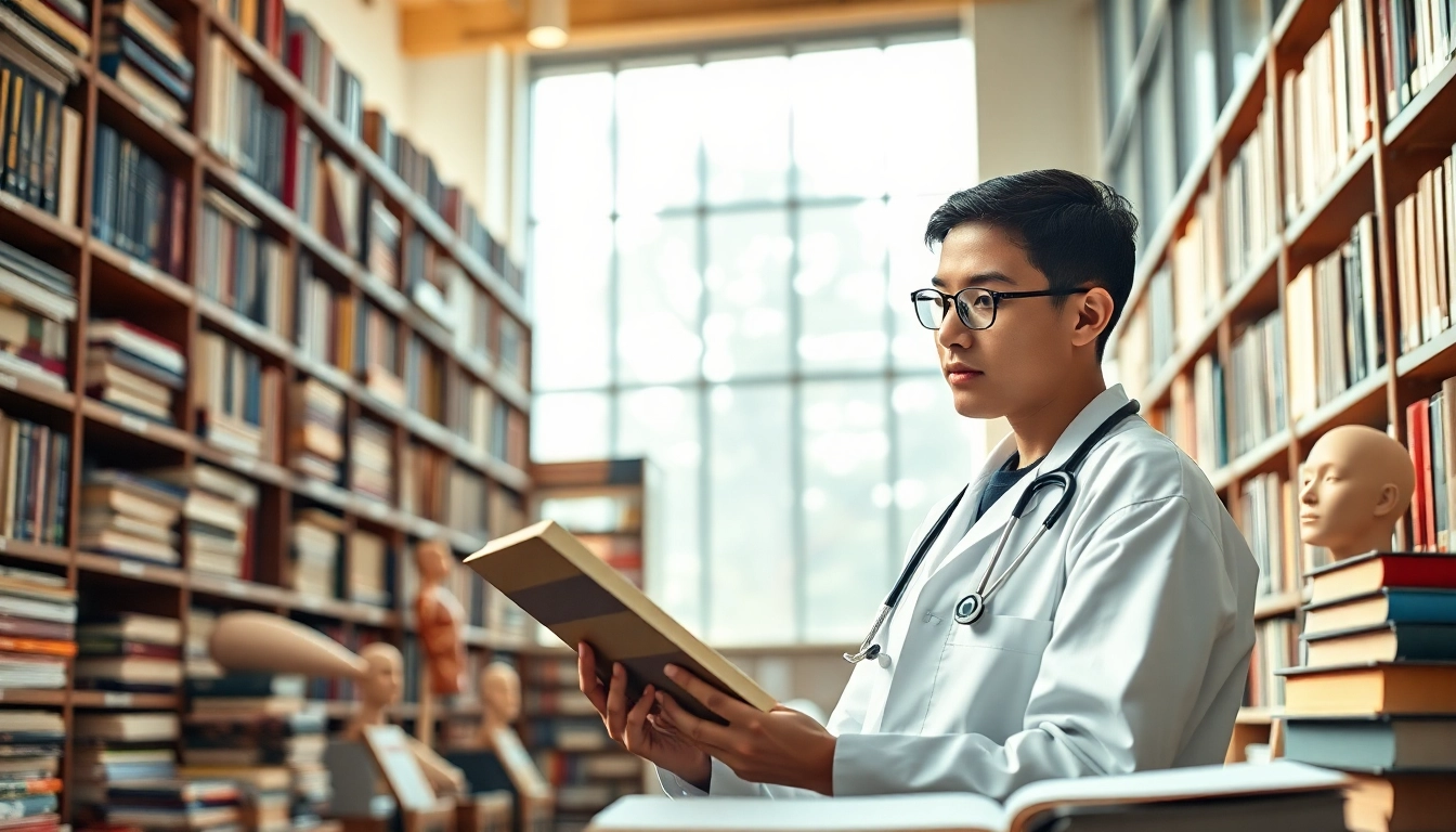 Medizinstudium ohne NC: Engagierter Medizinstudent in heller Bibliothek.