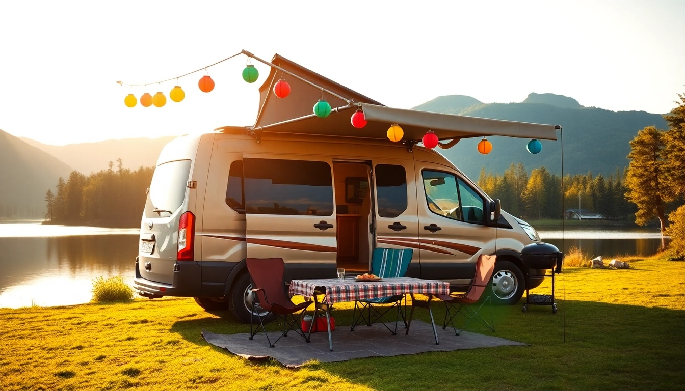 Capturing the perfect campervan in a serene lakeside campsite with inviting outdoor setup.