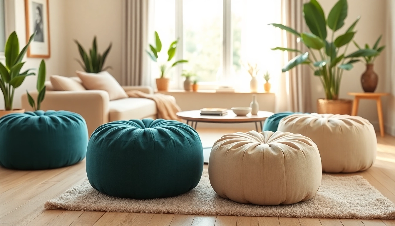 Cactus silk Poufs beautifully arranged in a cozy living room, showcasing their luxurious texture and vibrant colors.