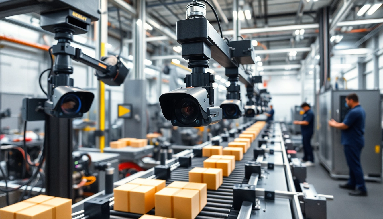 Machine vision system inspecting products in an industrial setting with advanced technology.