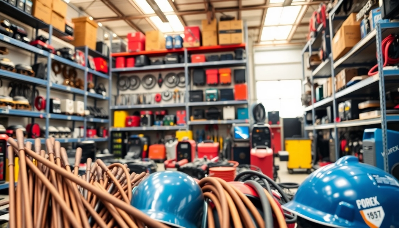 Shop for welding supplies near me with a variety of tools and safety gear in a bright industrial store.