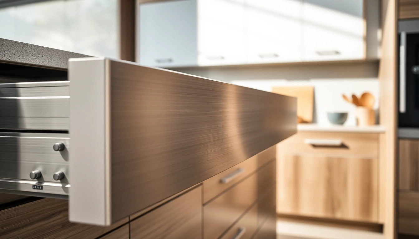 Showcase of a Metal Drawer System in a modern kitchen setting, highlighting its sleek design and functionality.