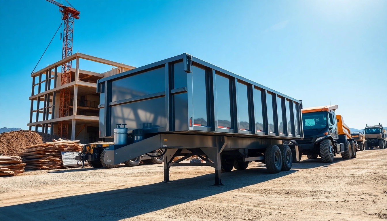 Hydraulic dump trailers for sale on a construction site, showcasing heavy-duty utility and robust design.