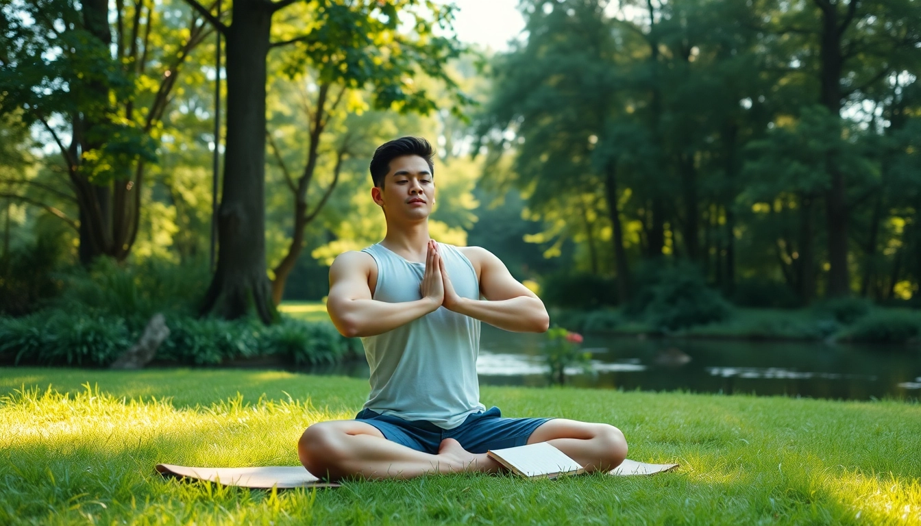 Practicing yoga to deal with stress in a serene outdoor environment.