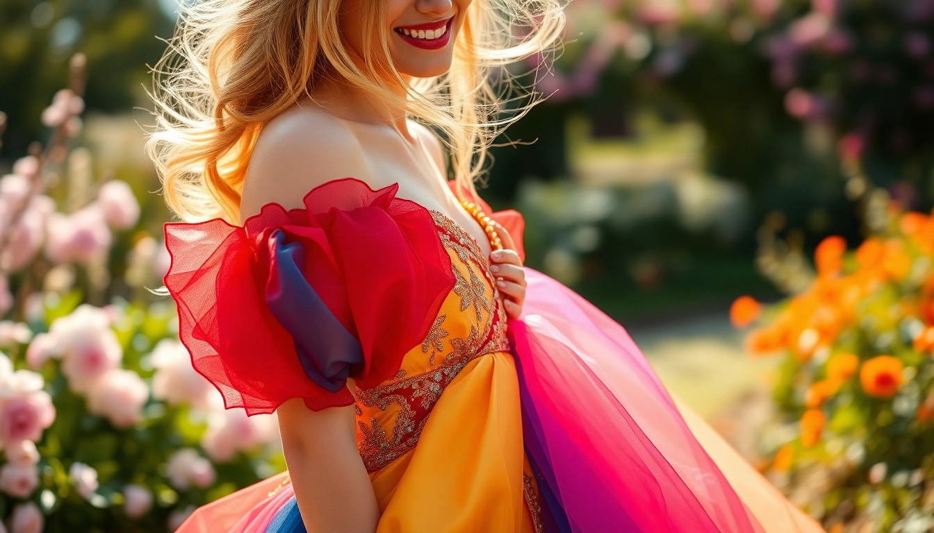 A bride wearing colourful wedding dresses, highlighting unique designs in a romantic garden setting.