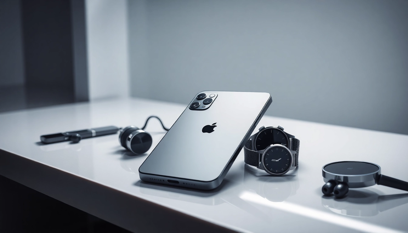 Buy iPhone Pro Max amidst stylish tech accessories on a modern countertop.