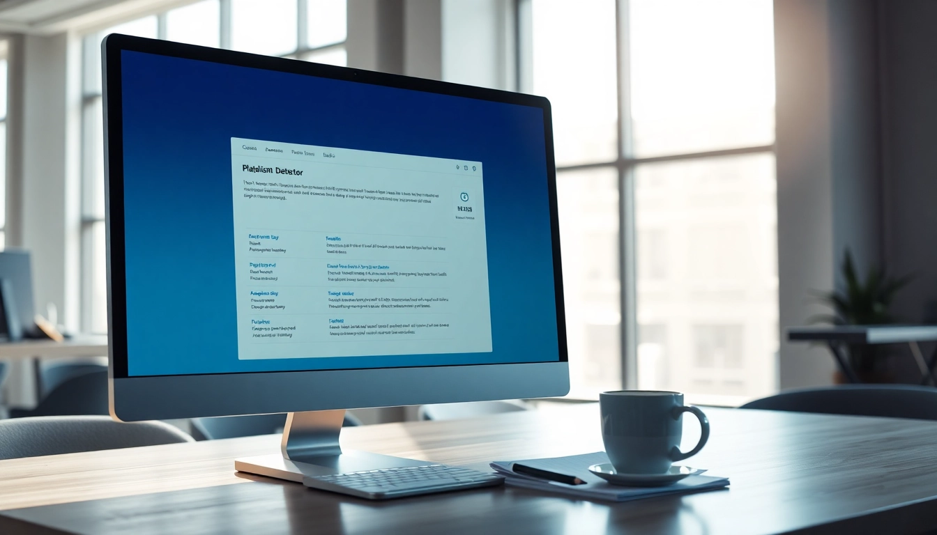 Check plagiarism using an advanced plagiarism detector displayed on a computer screen.