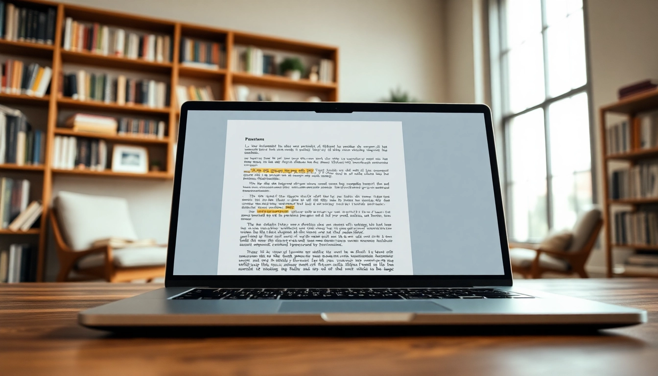 Analyze text using a plagiarism detector tool on a sleek laptop, highlighting the advanced technology.