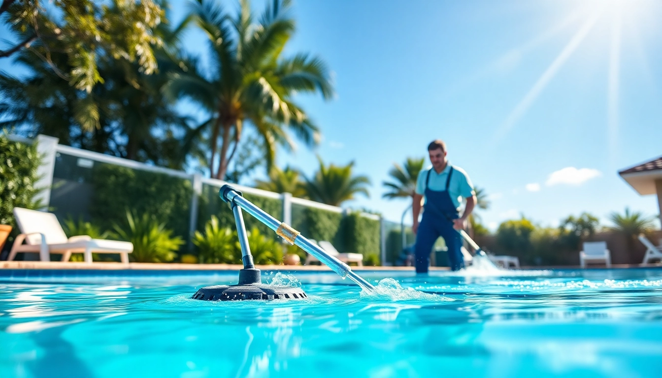 Offering top-notch pool cleaning service near me with a technician expertly cleaning a sparkling pool.