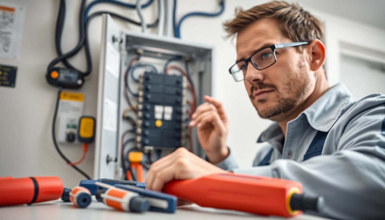 Electrician servicing an Electrical Panel Clearwater with professional tools and bright lighting.