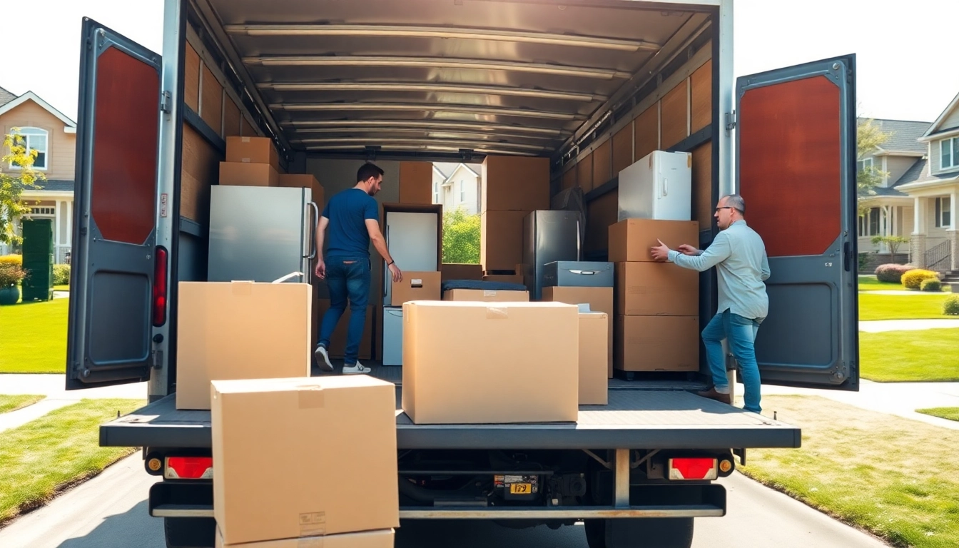 House moves service efficiently loading a truck with furniture in a suburban setting.
