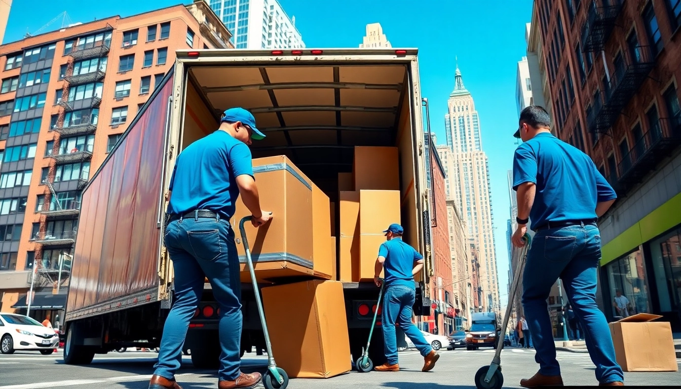 Experienced movers nyc loading furniture into a truck on a vibrant urban street.