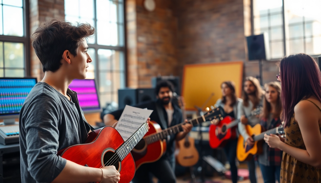 Engaging musician demonstrating music pitching techniques with an audience in a creative studio.