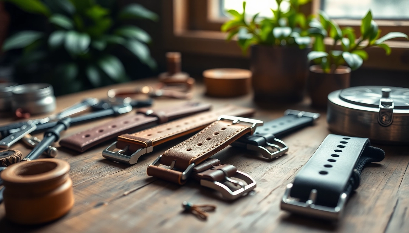 Showcasing diverse uk watch straps with artisanal tools, emphasizing craftsmanship.