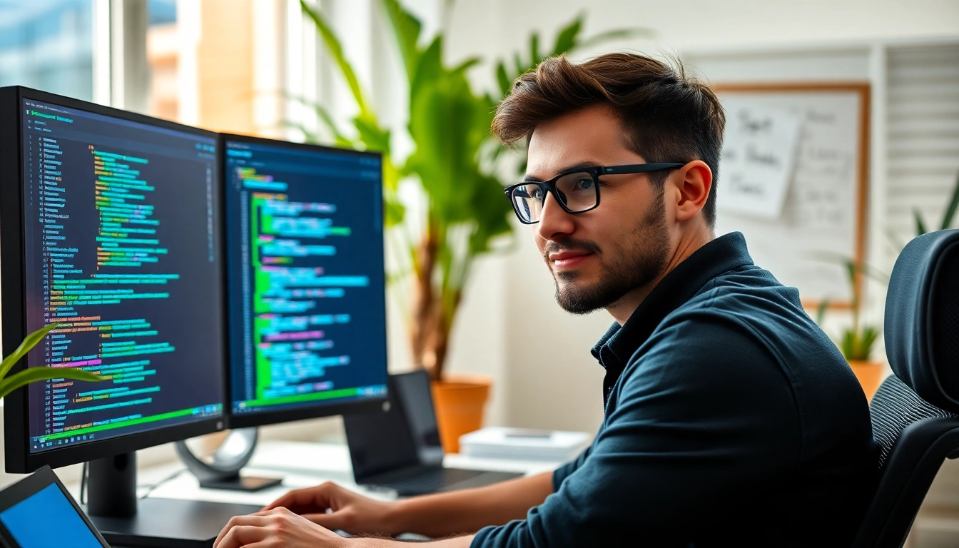 Web development professional coding in a modern office with dual monitors and a creative environment.