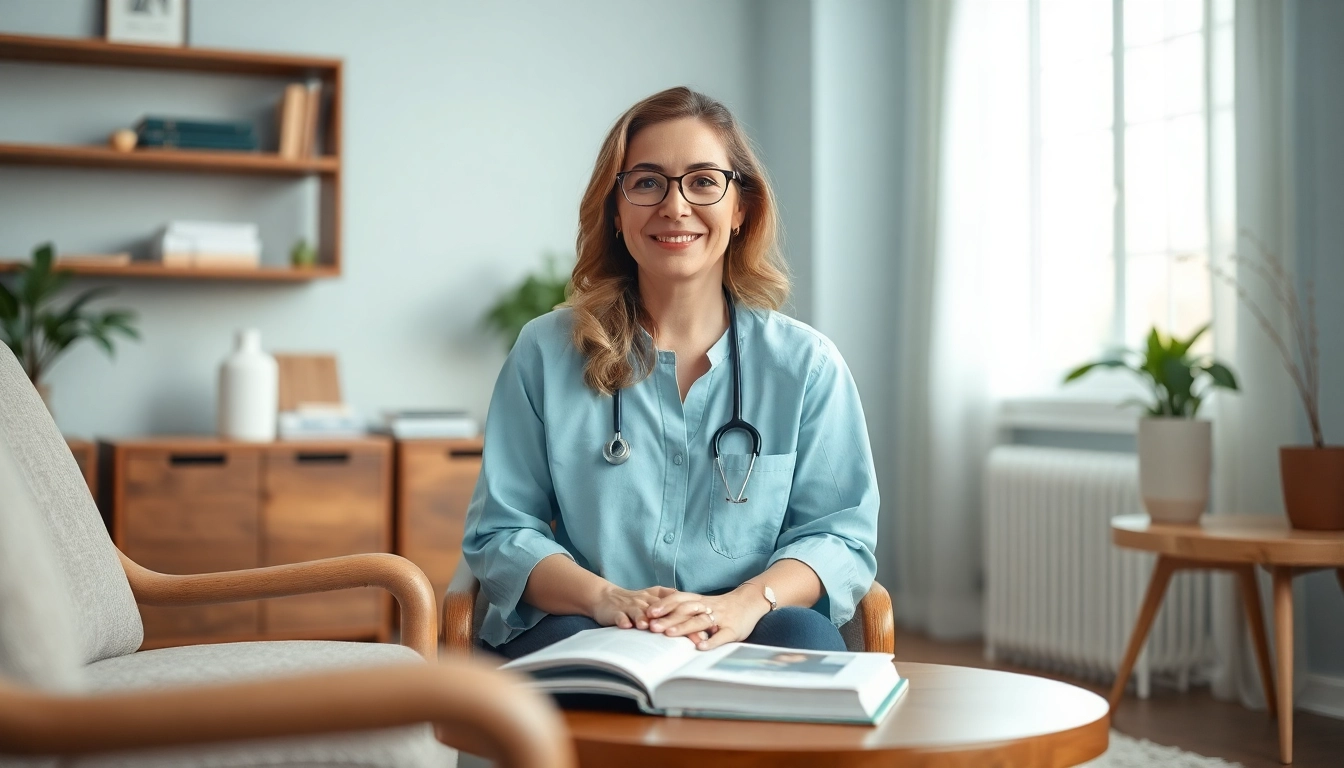 Engaging attachment theory specialist in a tranquil therapy setting, promoting secure healing.